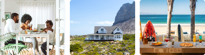 A collage of a lunch on the beach, a house in the veld and a family eating lunch together.