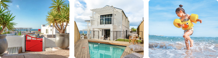 A collage of a red gate, a pool house and a child playing in the ocean