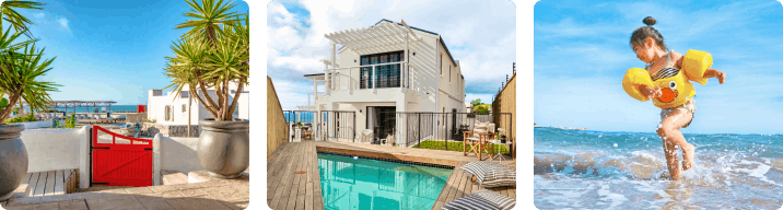 A collage of a red gate, a pool house and a child playing in the ocean