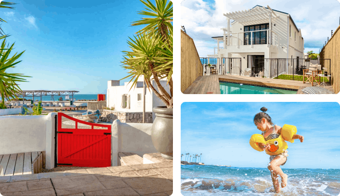 A collage of a red gate, a pool house and a child playing in the ocean