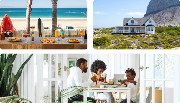 A collage of a lunch on the beach, a house in the veld and a family eating lunch together.