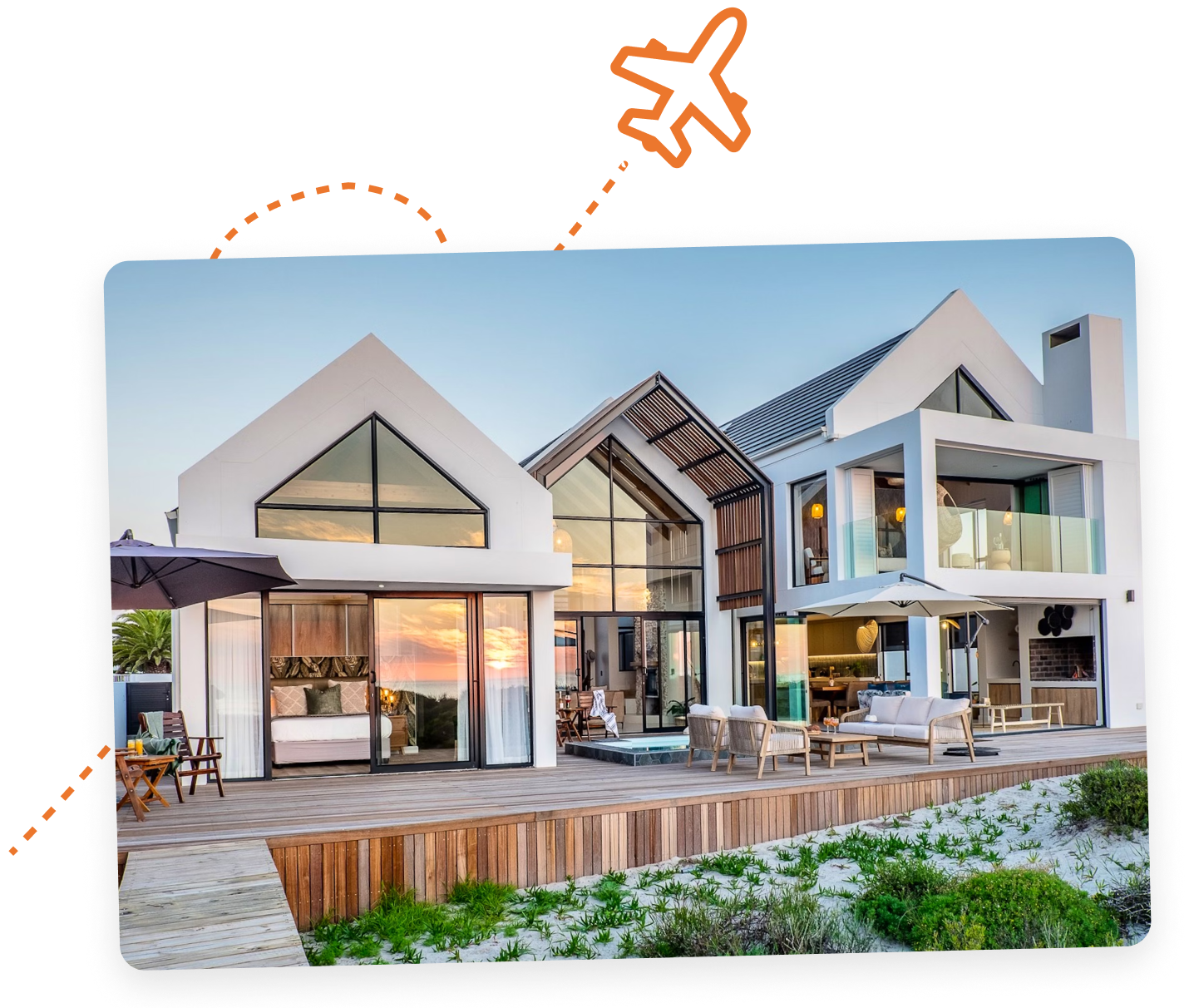 A beautiful house with an illustrated airplane flying past it